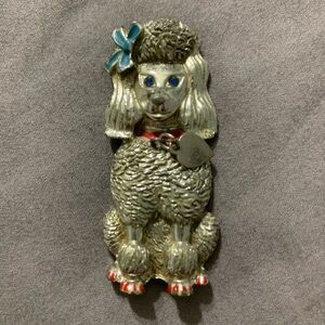 Silver Poodle Dog Figurine with Blue Bow
